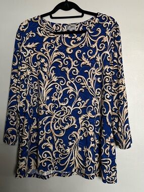 JM Collection Scroll Print Long Sleeve Top Blue Beige Size XL